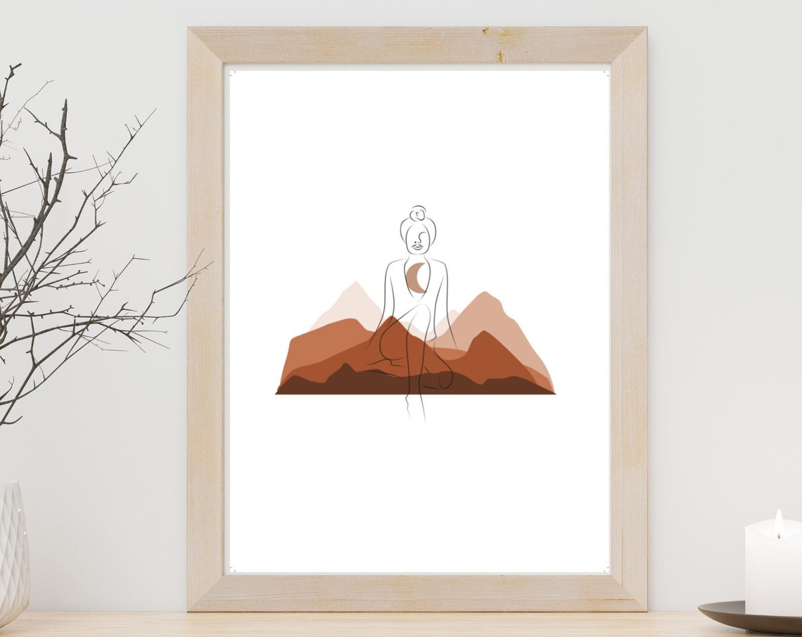 Minimalist Woman Line Art Terracotta Mountains Modern Boho Poster