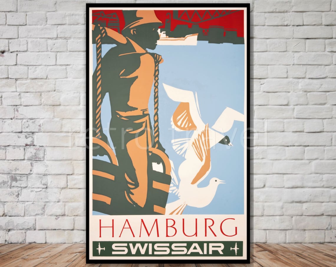 Hamburg Swissair Harbor Dock Worker Seagulls Airline Travel Poster