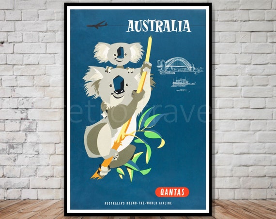 Australia Travel Poster, Vintage Koala Art Print
