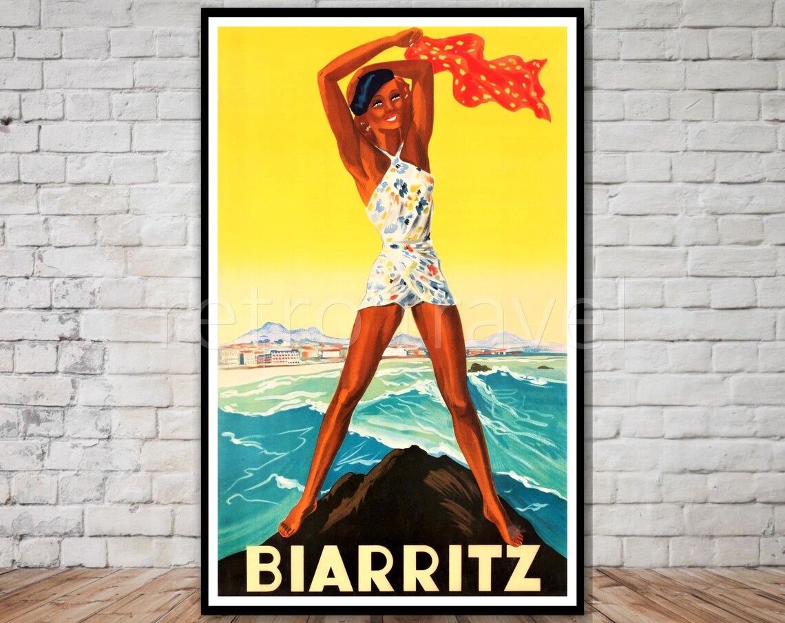 Biarritz France Travel Poster Instant French Travel Poster Bathing Suit Wall Art Retro Travel Print