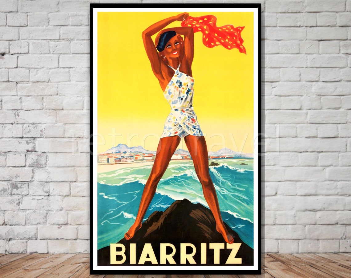 Biarritz France Vintage Beach Poster Swim Beauty On Ocean Rock