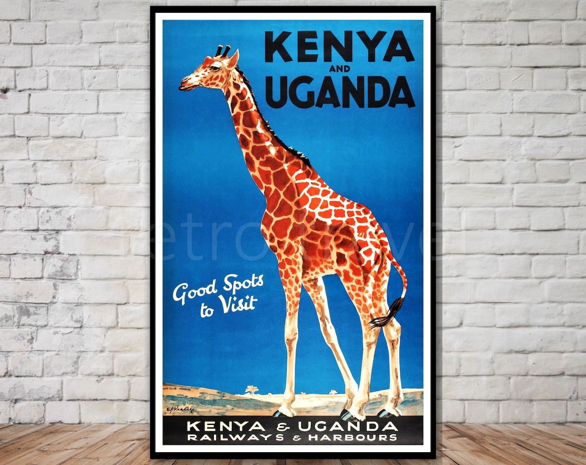 Kenya Uganda Retro Travel Poster, Giraffe Print