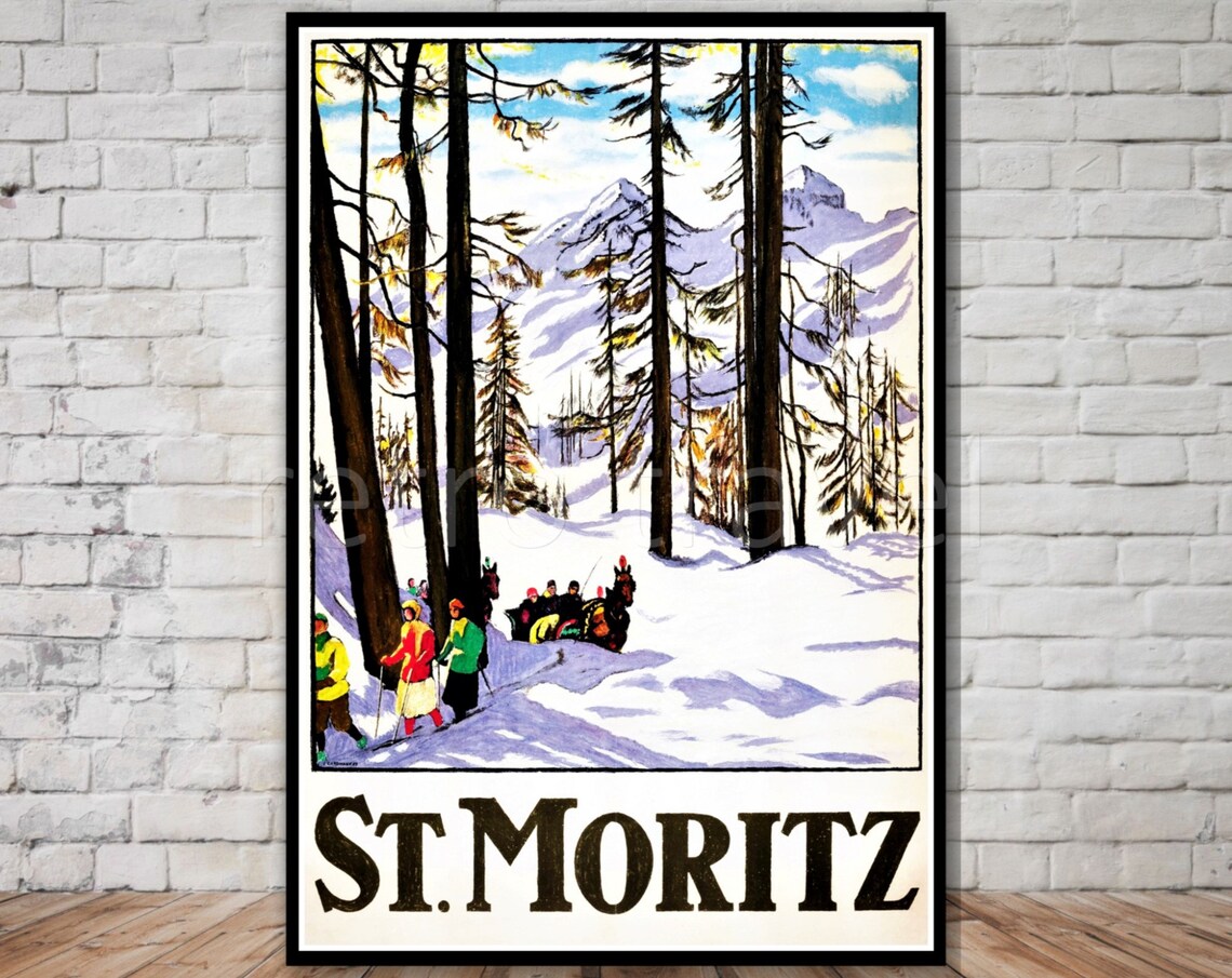 St. Moritz Switzerland Horse Sleigh Snowy Forest Winter Travel Poster