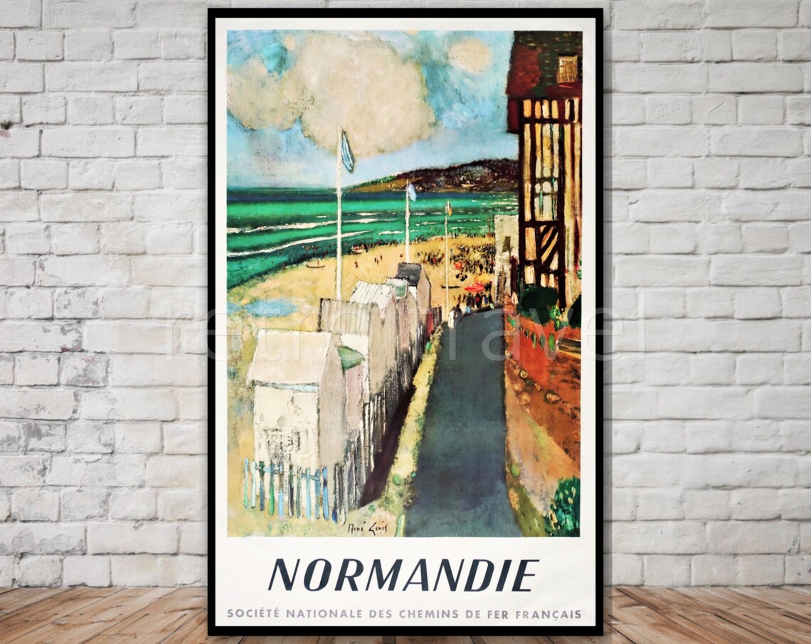 Normandie France Vintage SNCF Railway Poster Beach Huts Coast