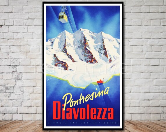 Pontresina Switzerland Diavolezza Ski Resort Poster Instant Diavolezza Mountain Pass Ski Poster