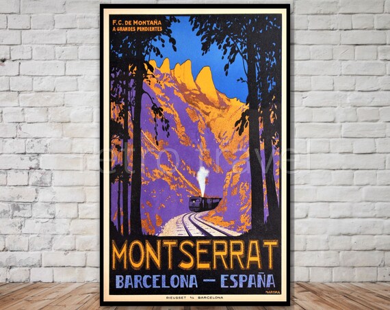 Montserrat Spain Travel Poster Instant Retro Travel Print Poster Barcelona Travel Poster Mountain Train Art