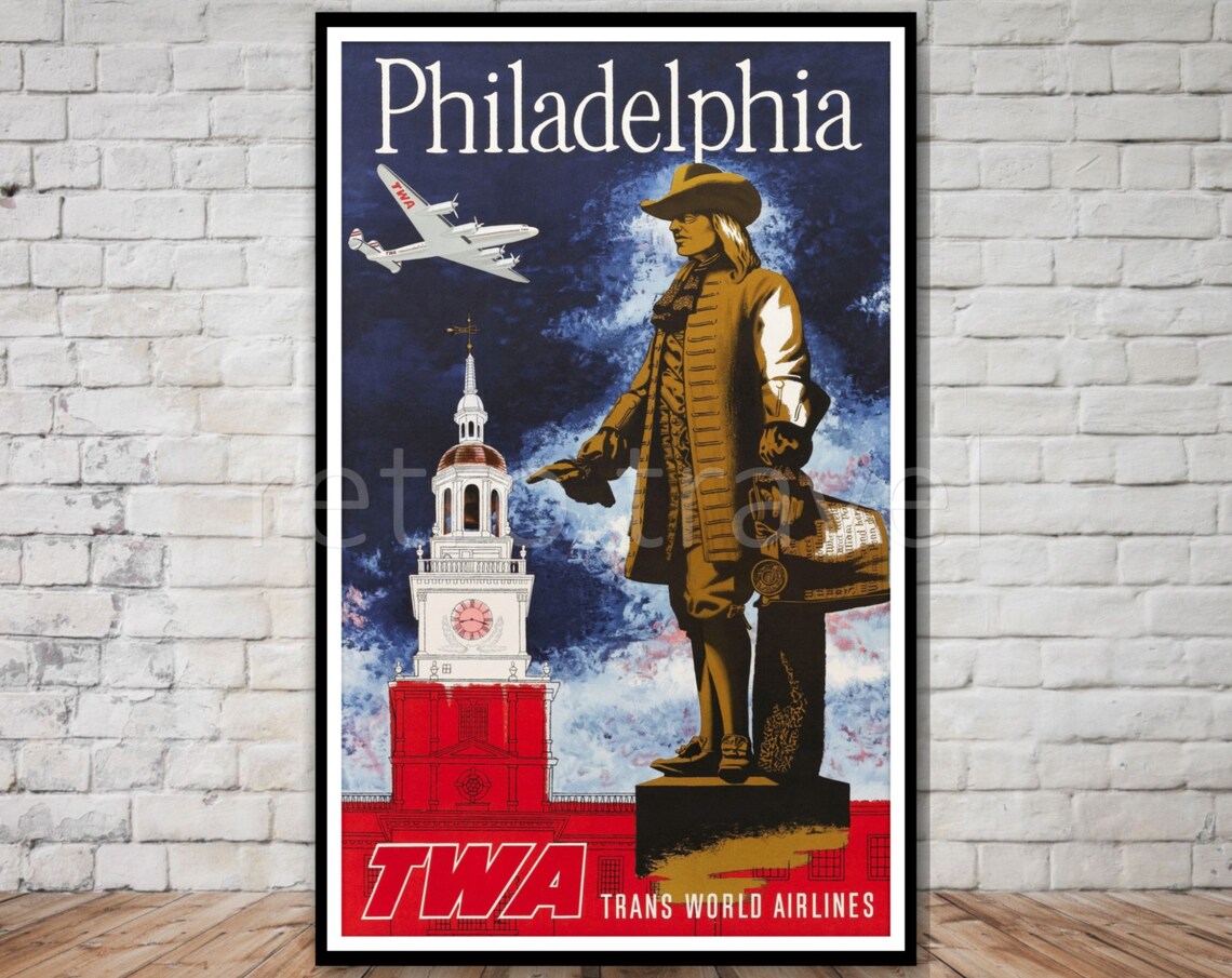 Philadelphia TWA William Penn Independence Hall Airline Travel Poster