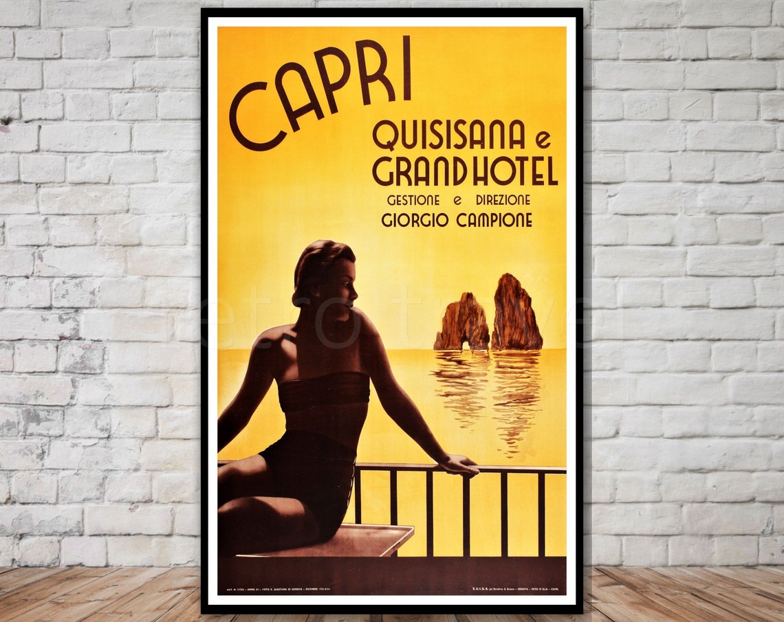 Capri Italy Travel Poster Grand Hotel Quisisana Instant Italian Travel Poster Woman In Bathing Suit Wall Art