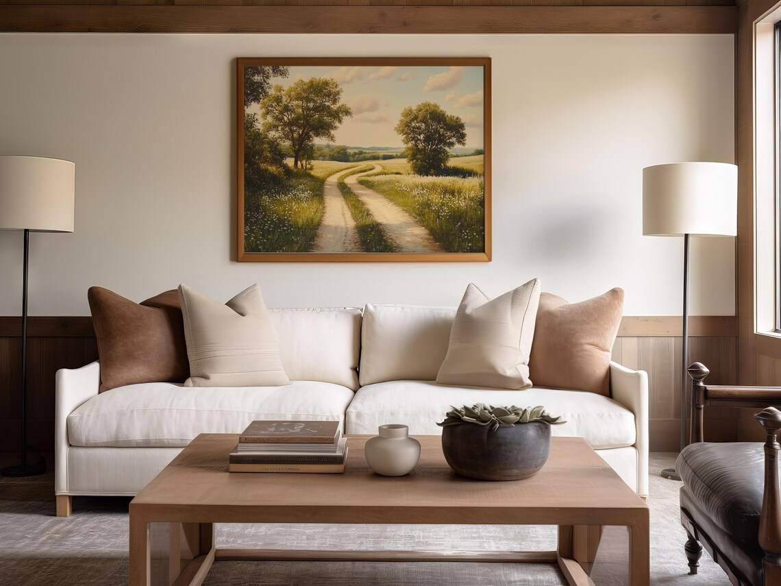 Country Road Landscape Art Print, Pastoral Oil Style