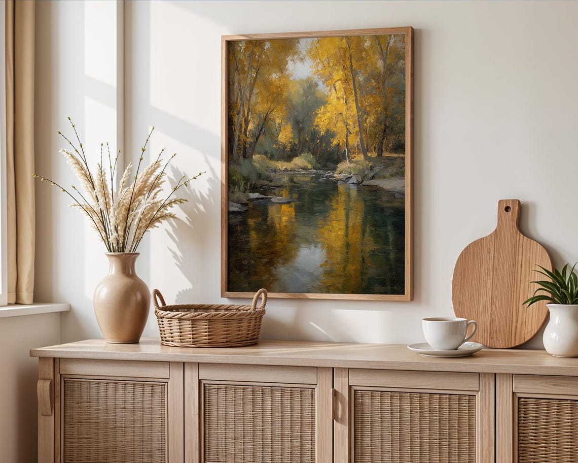 Golden Autumn Creek Yellow Trees Reflection Oil Painting Print