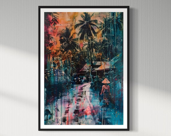 Thai Village Art Print Colourful Multicoloured Village Palm Trees Thailand Travel Poster Souvenir Gift Abstract Silhouette Painting