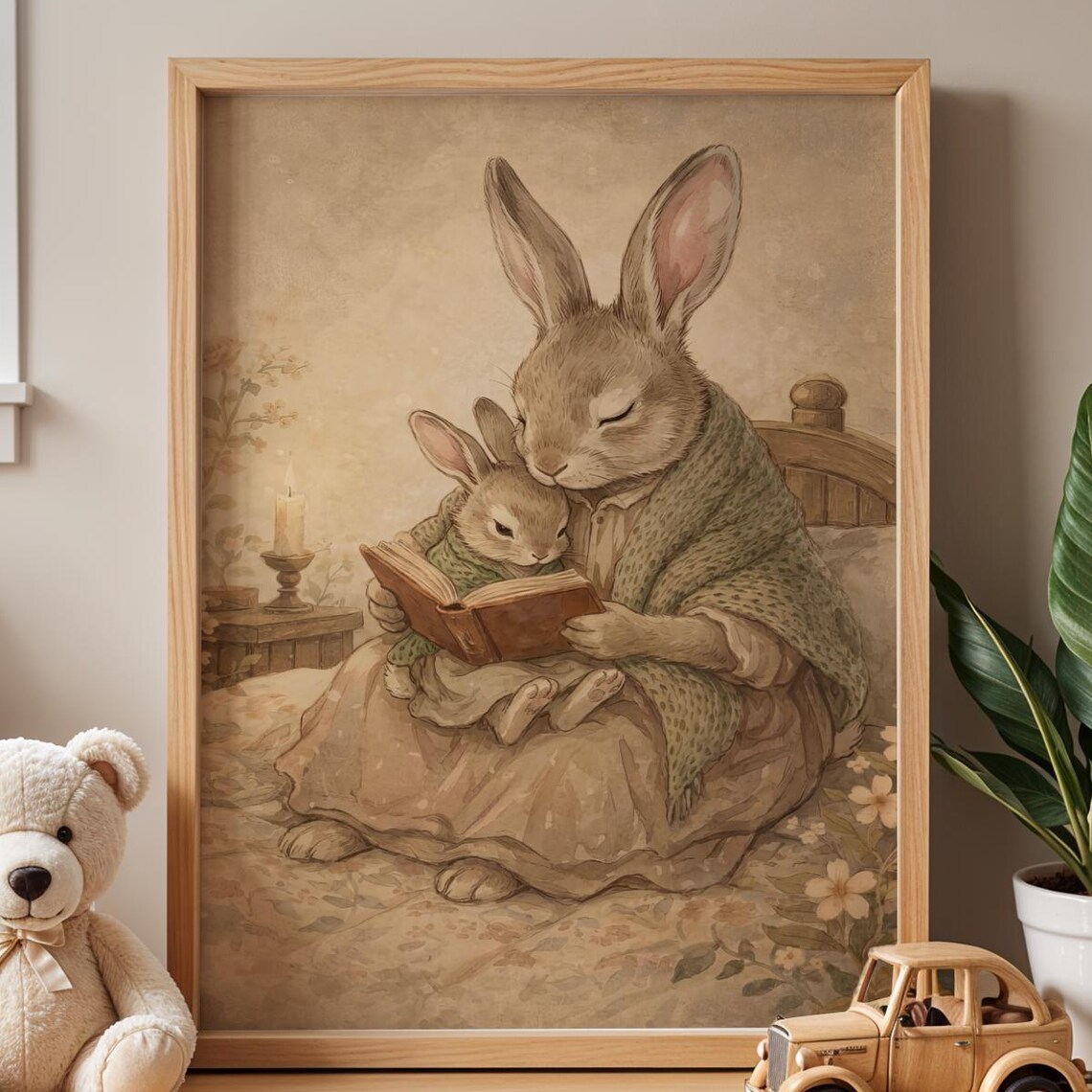 Mama Rabbit Reading Bedtime Story to Baby Bunny Nursery Art Print