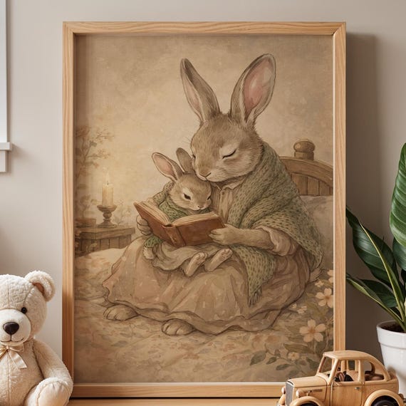 Peter Rabbit Mama Bedtime Story Print Bunny Nursery Wall Art Mother And Baby Reading Poster Cottagecore Woodland Storybook Decor