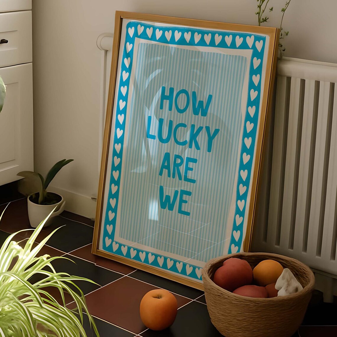How Lucky Are We Light Blue Stripe Heart Border Quote Poster