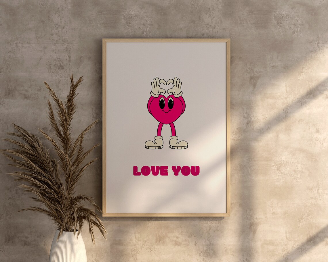 Love You Retro Cartoon Heart Hands Sweet Valentines Day Poster - Image 2
