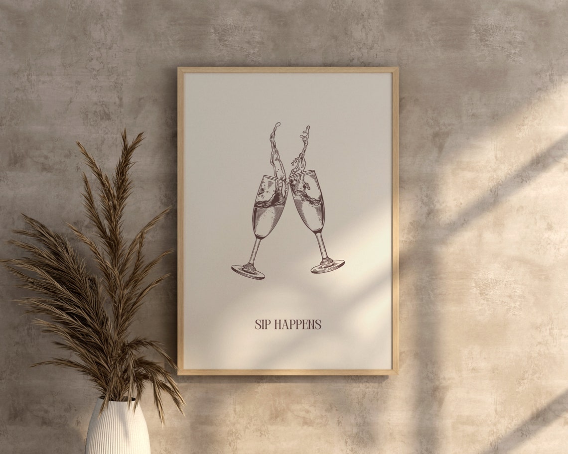 Sip Happens Champagne Coupes Cheers Sketch Funny Bar Cart Poster