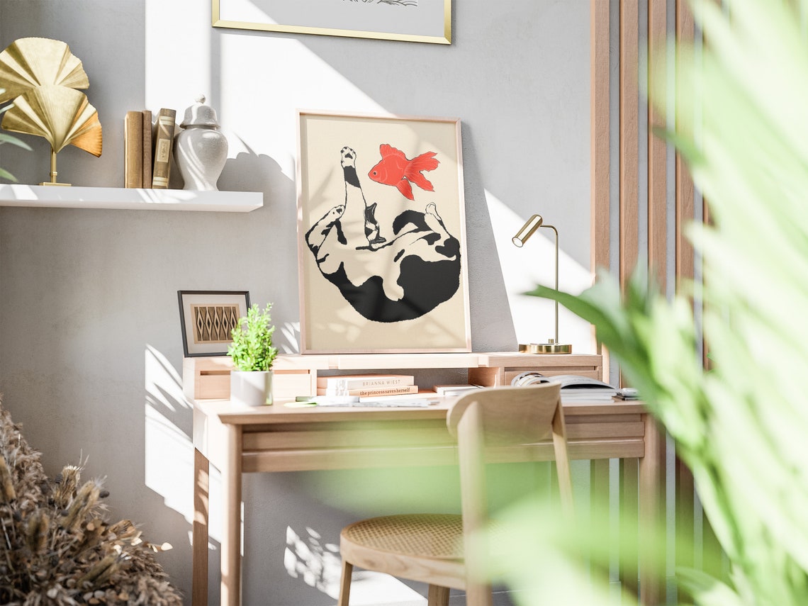 Playful Cat Reaching Red Goldfish Black White Funny Cat Poster - Image 3
