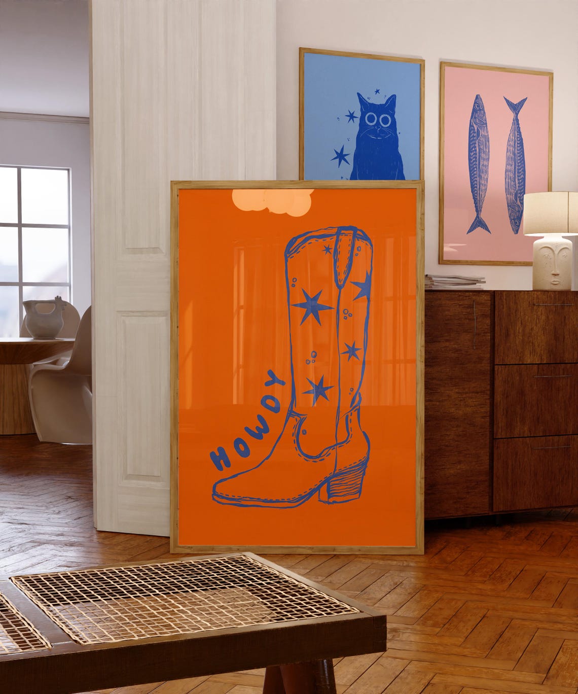 Howdy Cowboy Boot Blue Line Art Bright Orange Western Decor Poster - Image 6