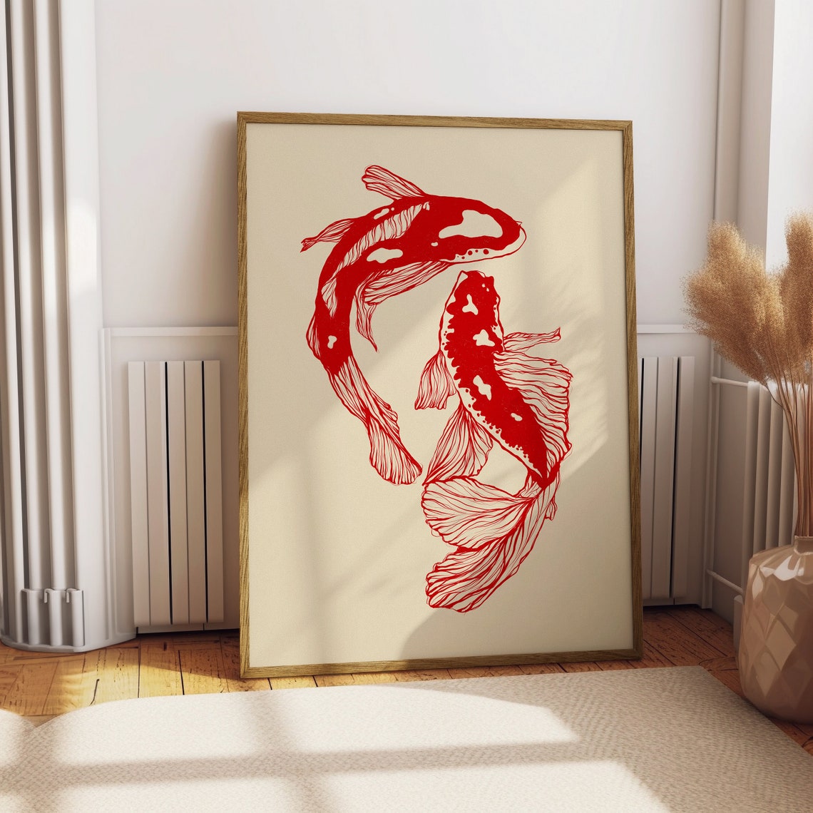 Red Koi Fish Japanese Minimalist Poster, Twin Carp Ink Line Art Decor
