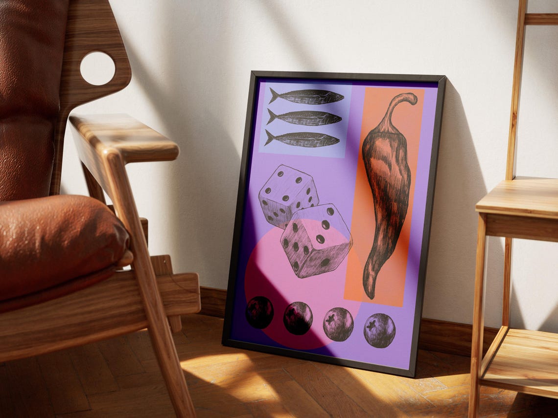 Trippy Collage Dice Fish Chili Pepper Purple Funky Art Poster - Image 4