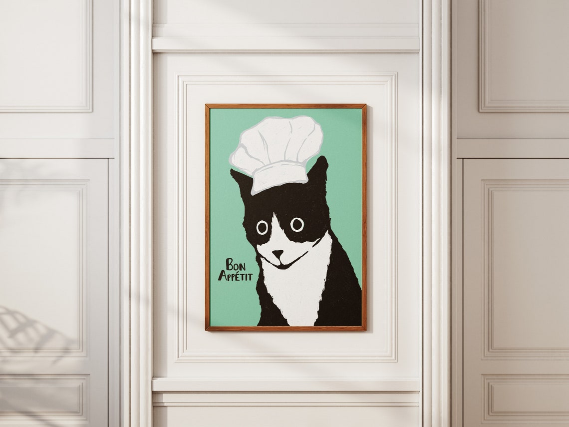 Bon Appetit Chef Cat Mint Green Funny Kitchen Decor Art Print - Image 3