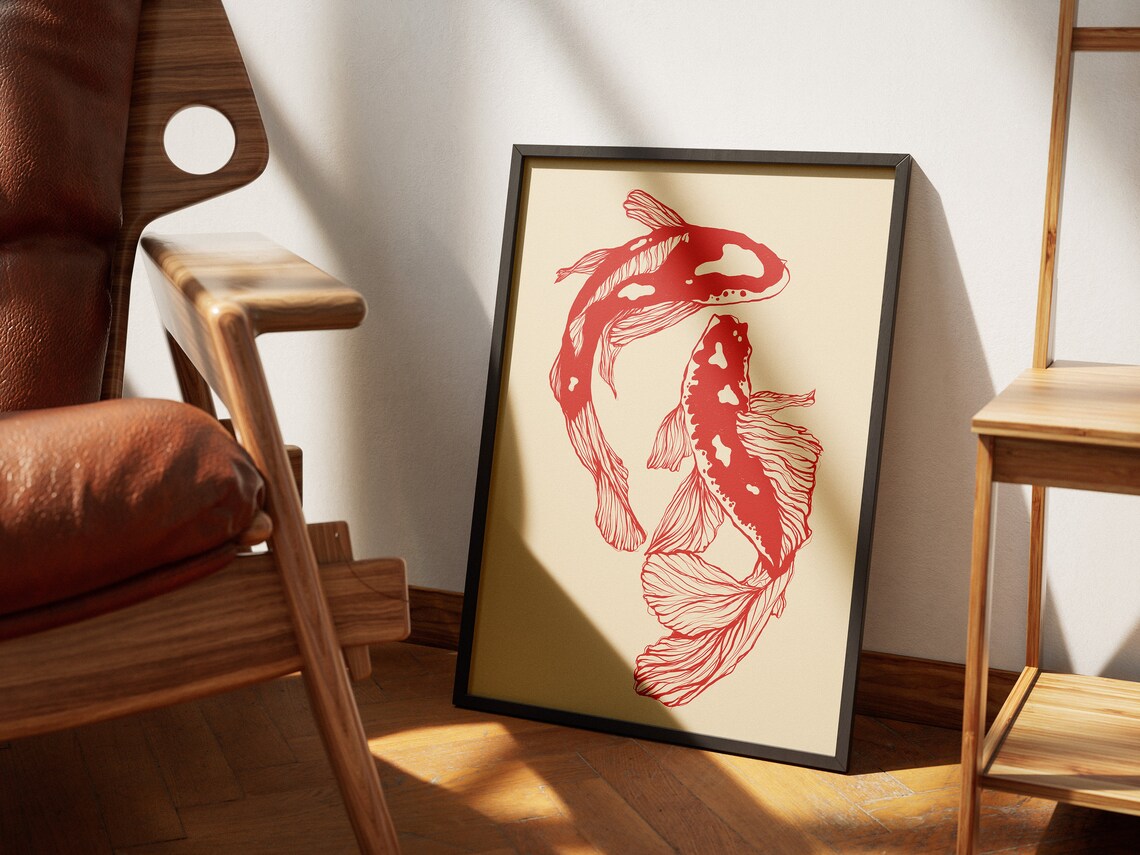 Red Koi Fish Japanese Minimalist Poster, Twin Carp Ink Line Art Decor - Image 4