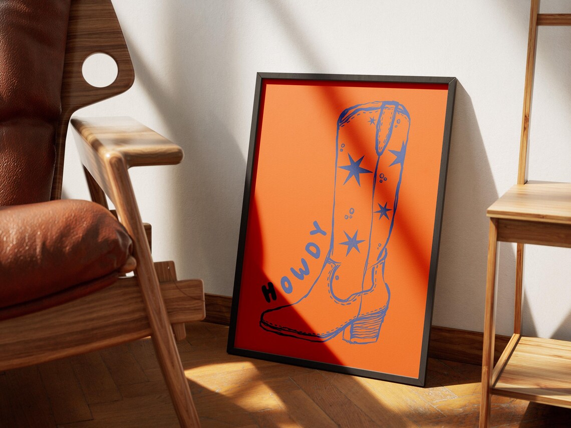 Howdy Cowboy Boot Blue Line Art Bright Orange Western Decor Poster - Image 4