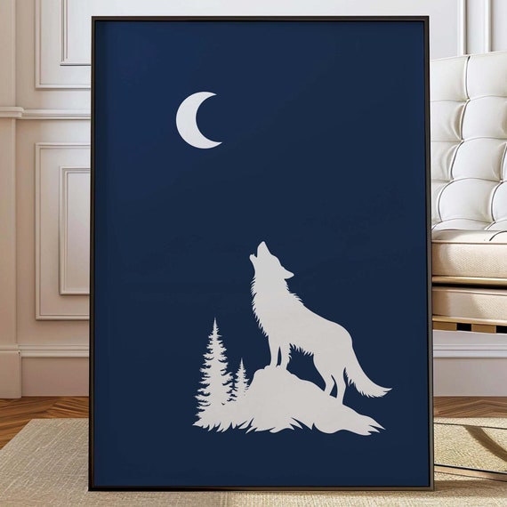 Wolf Art Print Navy Blue Wall Masculine Minimalist Nature Boys Nursery Animal