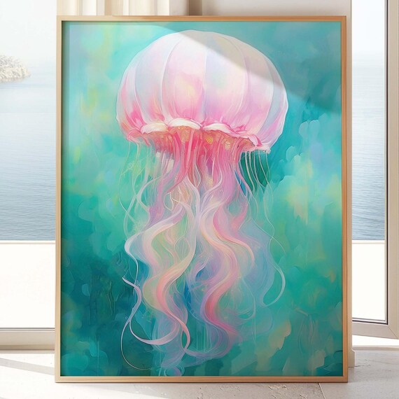 Jellyfish Wall Art Print Pink Poster Turquoise Beachy Room Decor Ocean