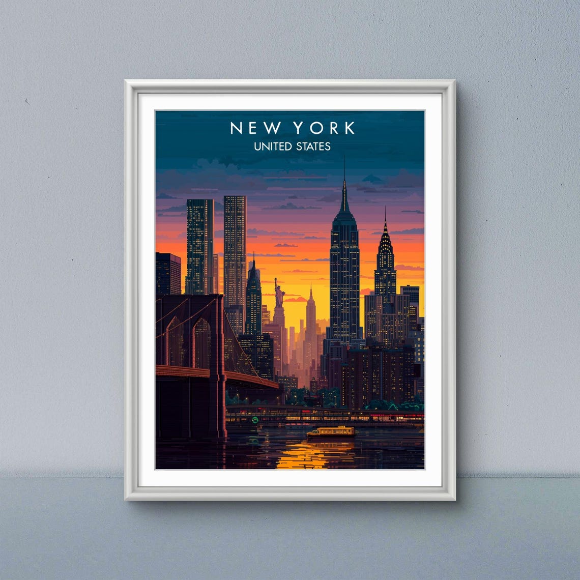 New York City Skyline Sunset Travel Poster Empire State Bridge View