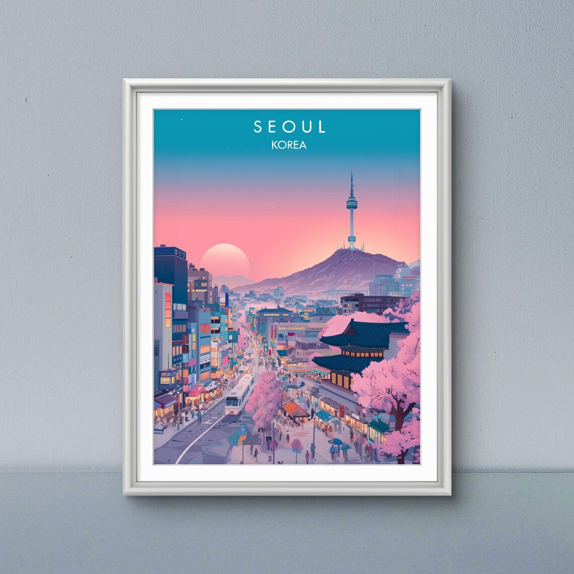 Seoul Korea N Seoul Tower Sunset City Street Scene Travel Poster