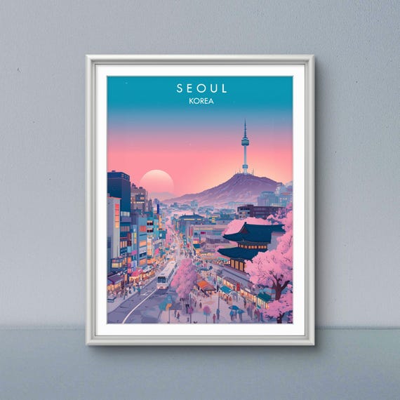 Seoul Cityscape Art Print Namsan Tower Cherry Blossoms