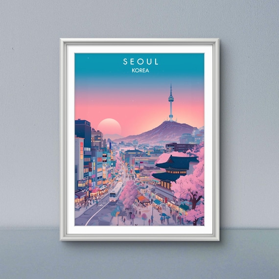 Seoul Korea N Seoul Tower Sunset City Street Scene Travel Poster