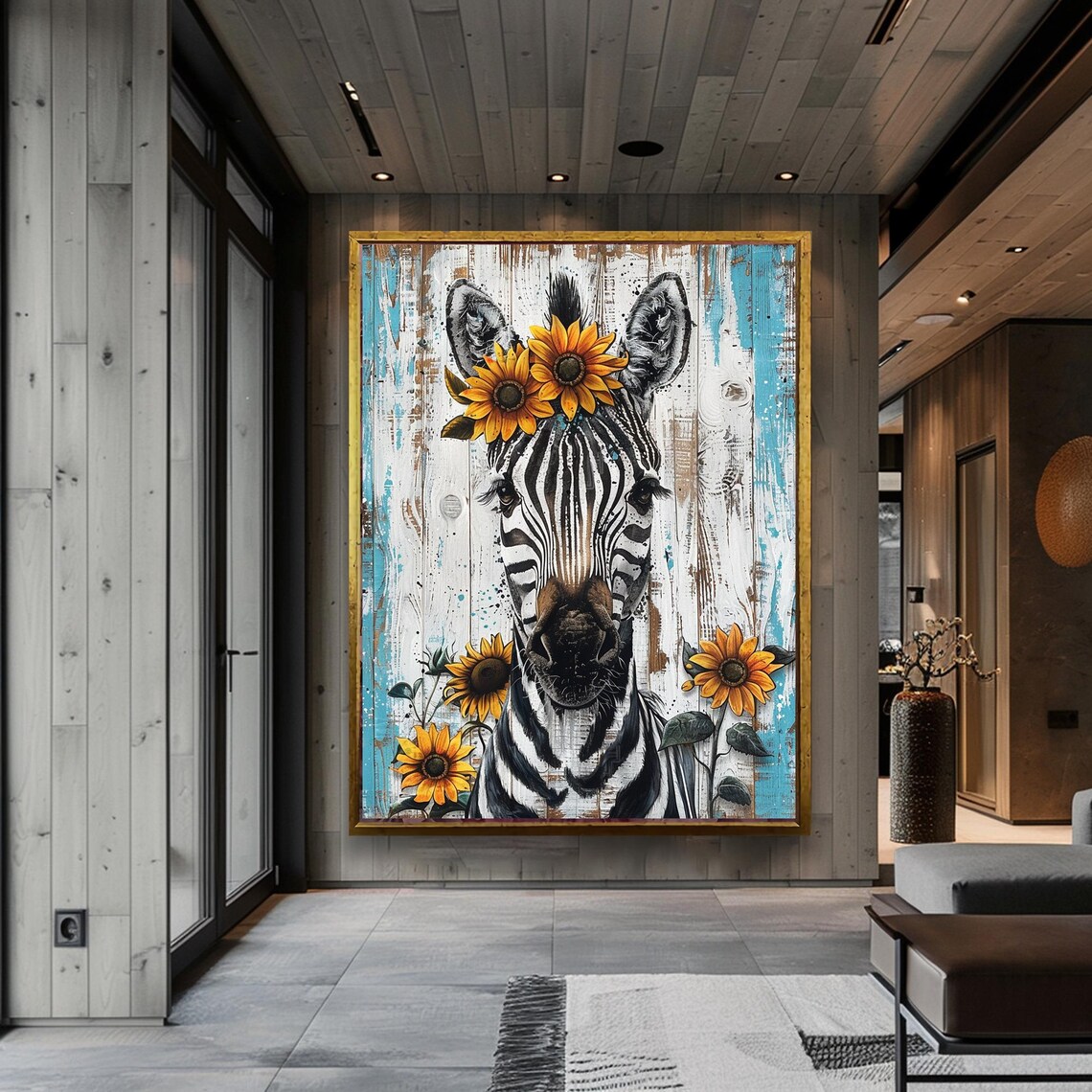 Zebra Wearing a Sunflower Crown on Rustic Wood Planks Poster - Image 6