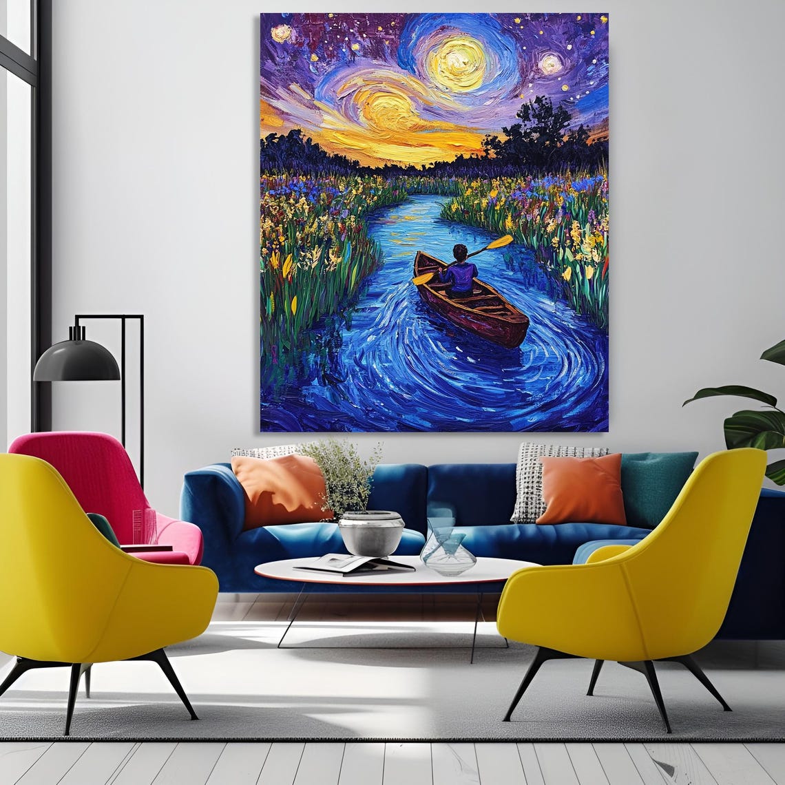 Wall Art Starry Night River Landscape With Canoe Vibrant Nature Painting Impressionist Artwork For Living Room Bedroom Or Office - Image 5