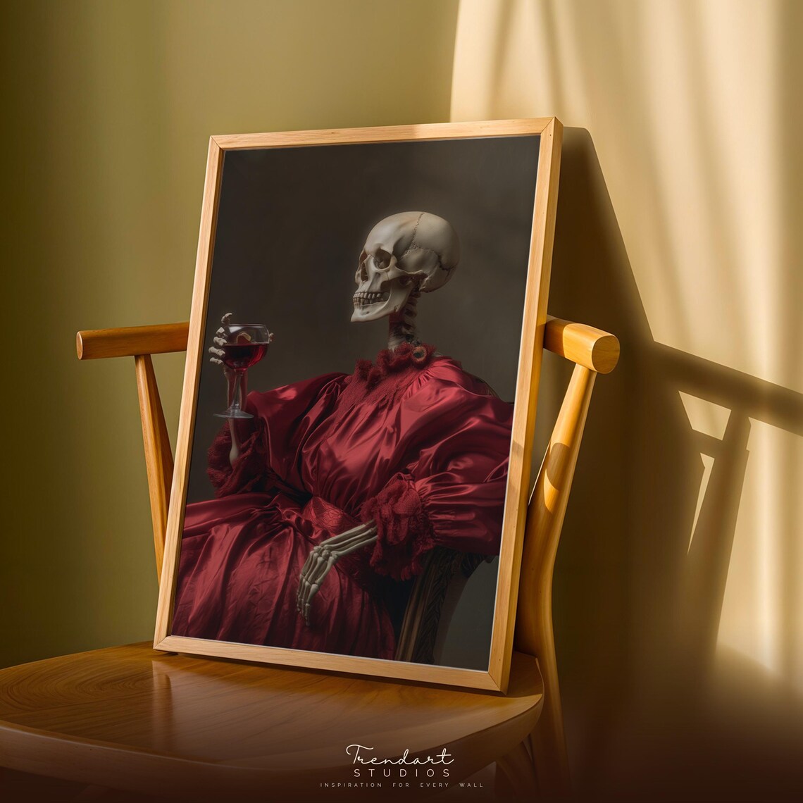 Gothic Wall Art Skeleton Drinking Wine Print Dark Academia Maximalist Decor Da00051