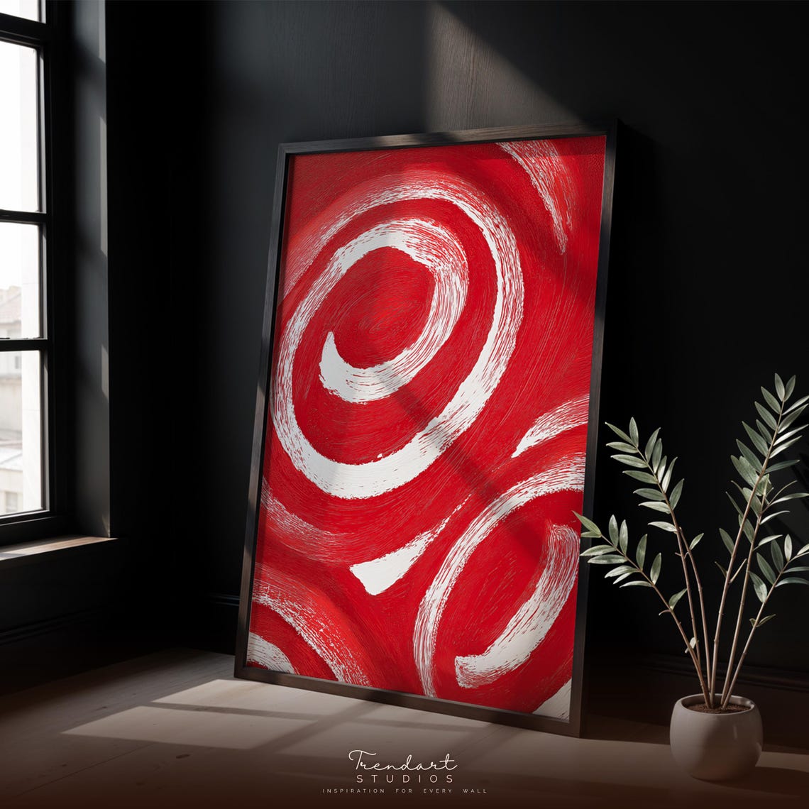 Bold Red Abstract Brush Swirl White Curves Modern Statement Poster