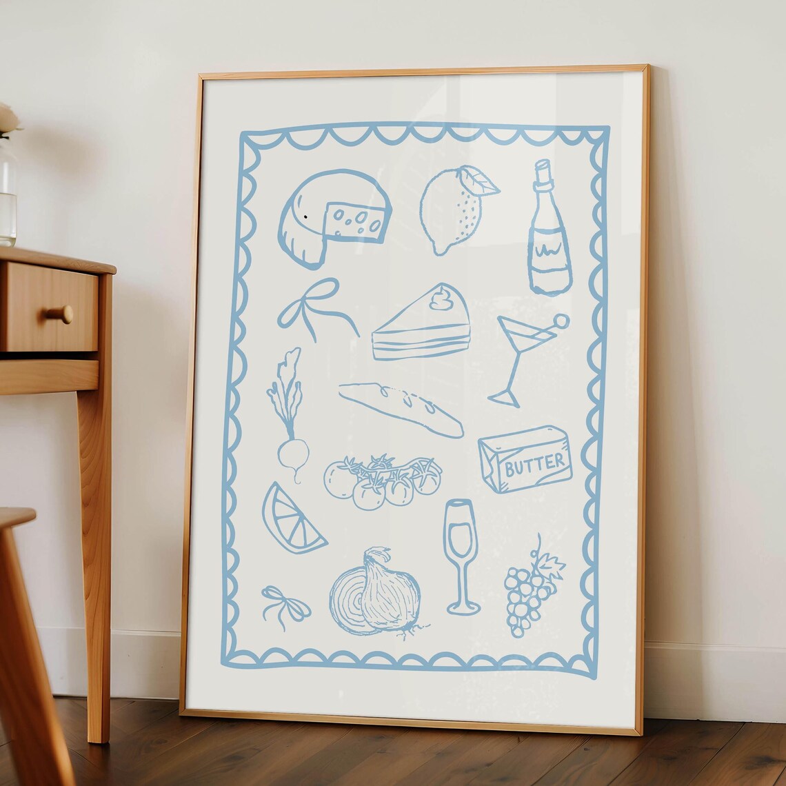 Blue Hand Drawn Food Illustration Trendy Dinner Party Kitchen Poster