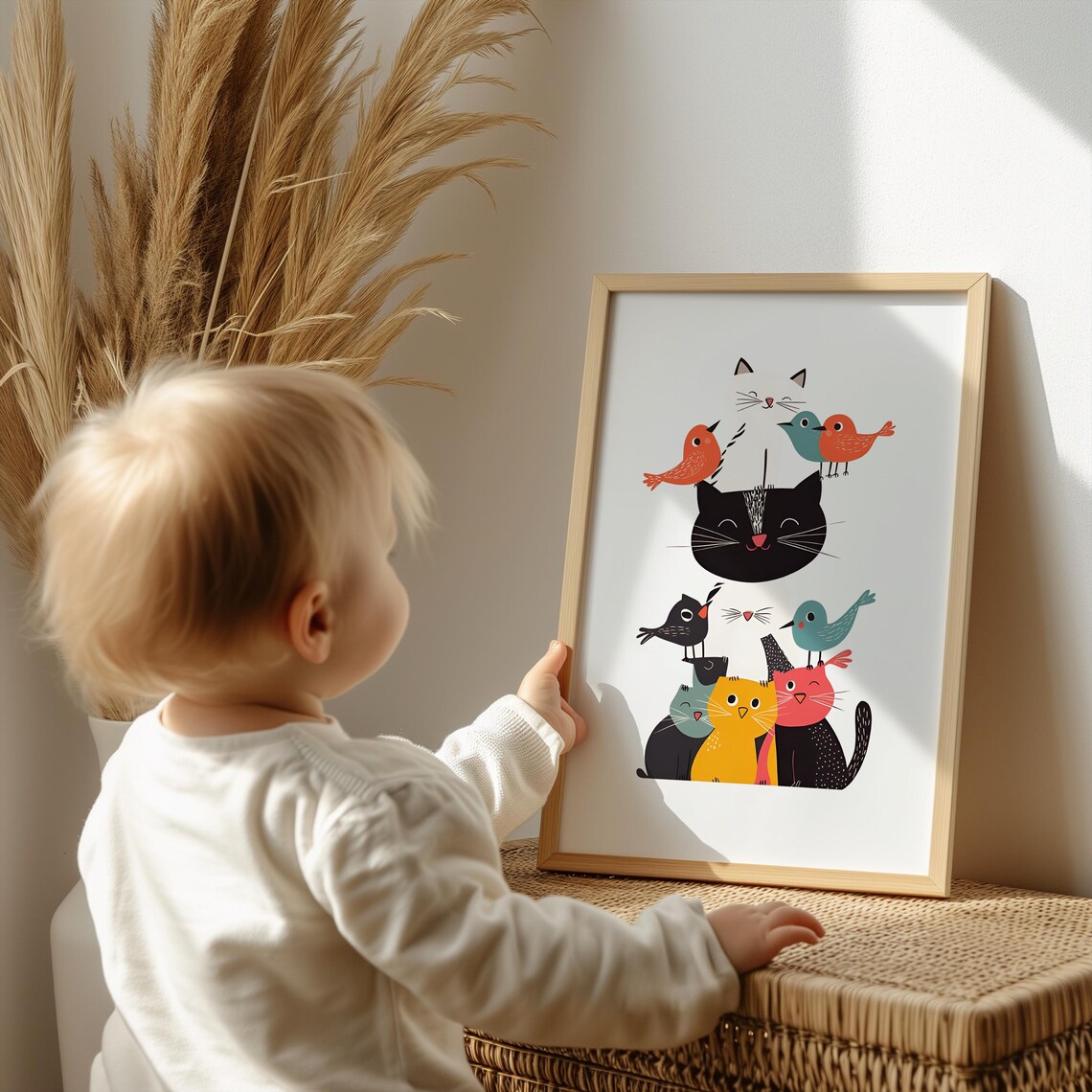 Colorful Cats And Birds Stack Cute Cartoon Animal Nursery Art Poster - Image 4