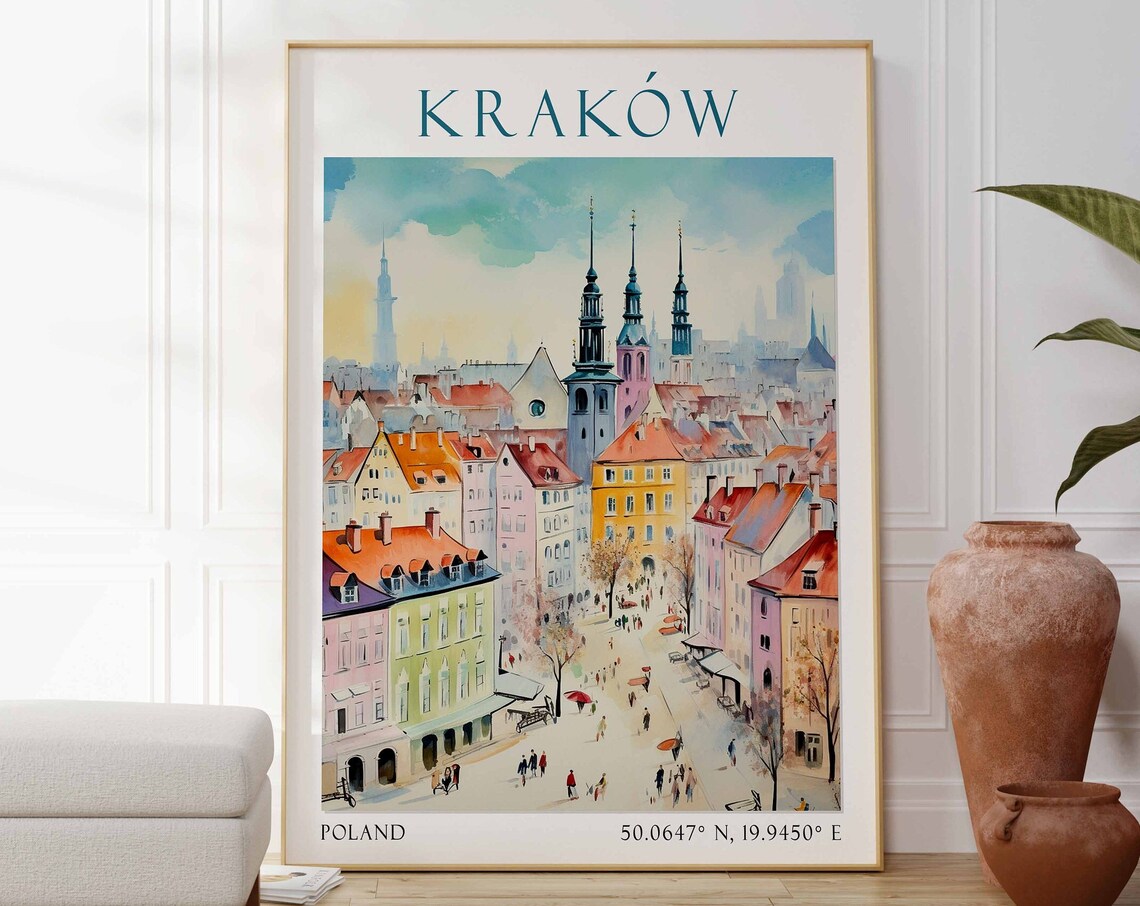 Krakow Poland Travel Poster Old Town Square Church Towers View