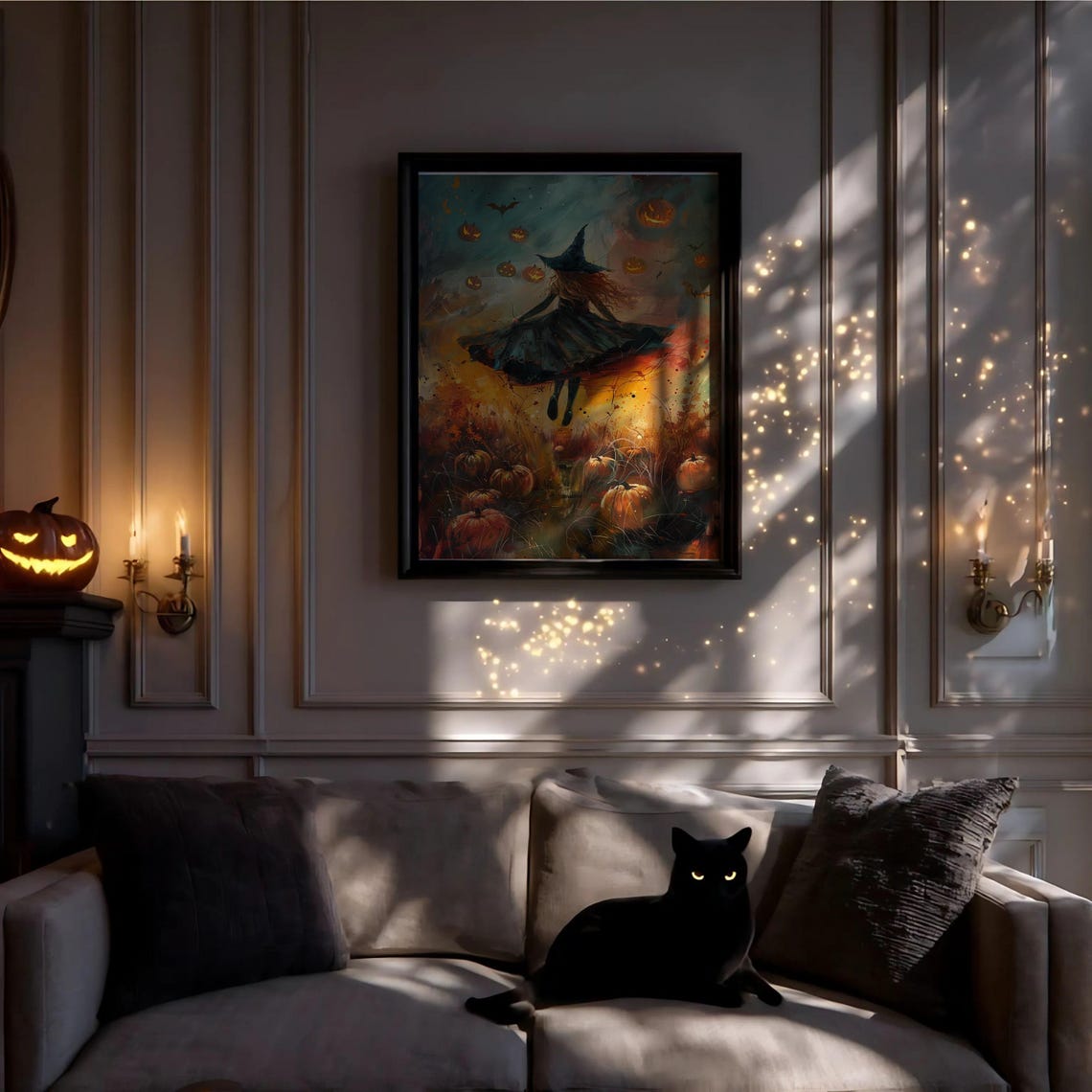 Witch Flying Over Pumpkin Patch Firefly Night Halloween Poster