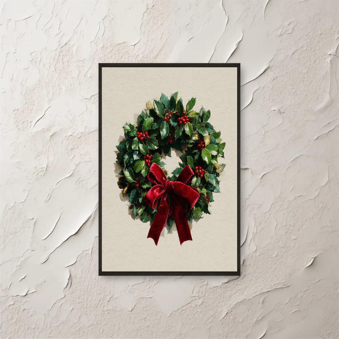 Vintage Mistletoe Wreath Red Velvet Bow Holiday Botanical Print
