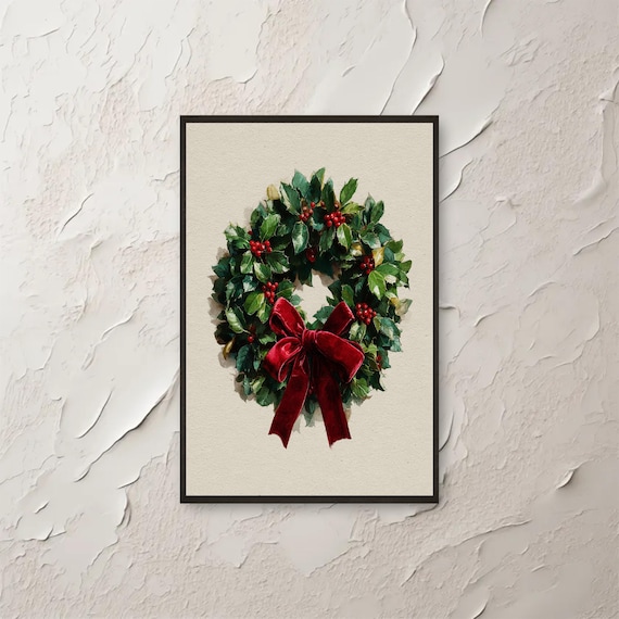 Vintage Mistletoe Wreath Red Velvet Bow Holiday Botanical Print