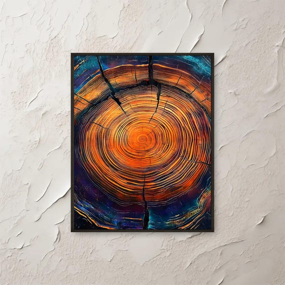 Abstract Tree Rings Wall Art Print Vibrant Wood Grain Texture Artwork Orange Blue Rustic Home Decor Modern Nature Photography Poster