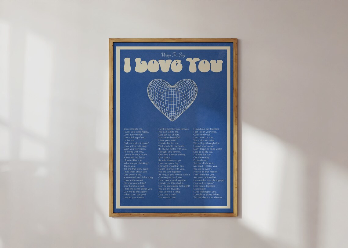 Vintage Ways To Say I Love You Poster Blue Retro Typography Wall Art Spirituality Heart Groovy Funky Bedroom Quote Valentines Day Gift