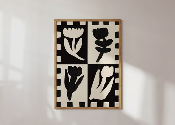Scandinavian Black And White Flower Art Print Checkered Drawing Maximalist Neutral Boho Home Cute Nature Poster 20x30 16x24 11x14