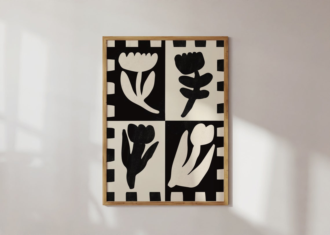 Black White Flower Checkered Four Panel Scandinavian Art Poster