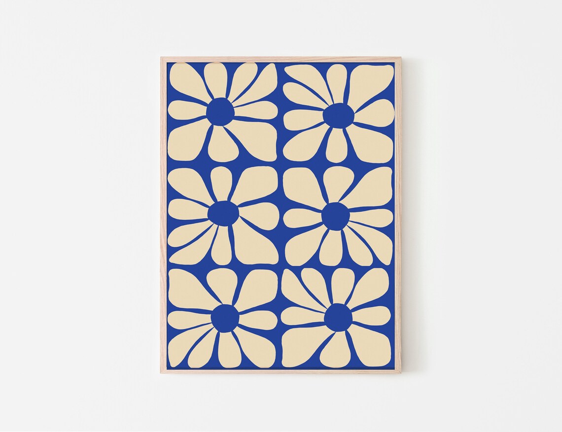 Blue Mid Century Wavy Flower Pattern Art Print - Image 3