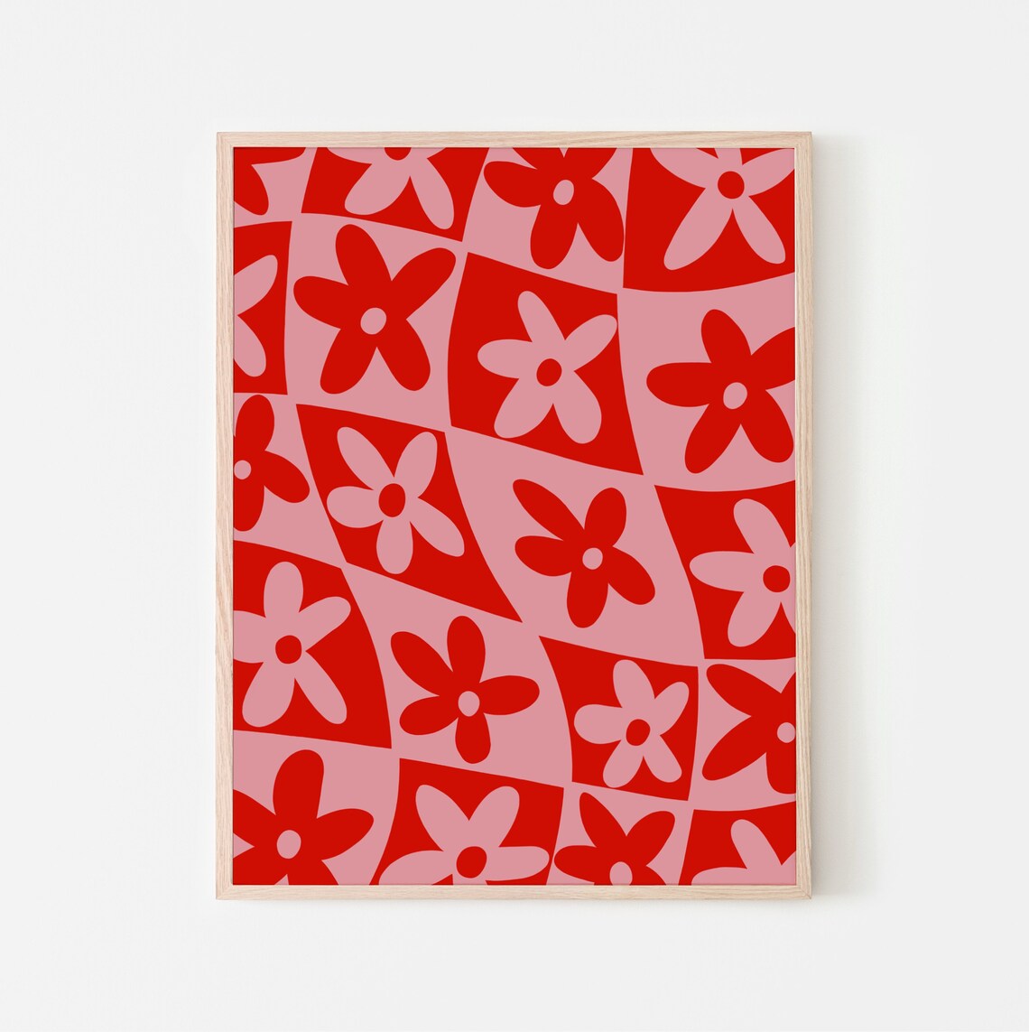 Pink and Red Groovy Flower Checkerboard Pattern Retro Floral Wall Art - Image 3