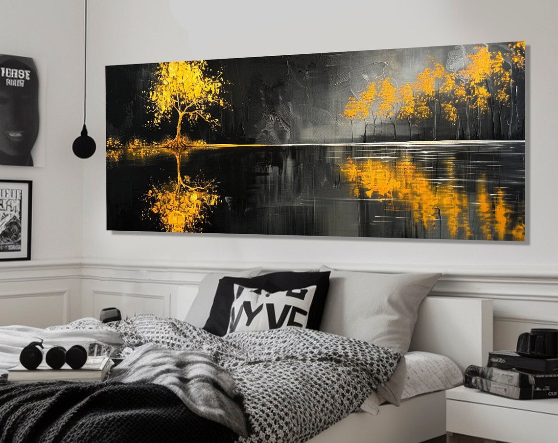 Golden Trees Black Background Abstract Gold Leaf Modern Wall Art